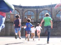 Group of kids running in Landguard Fort