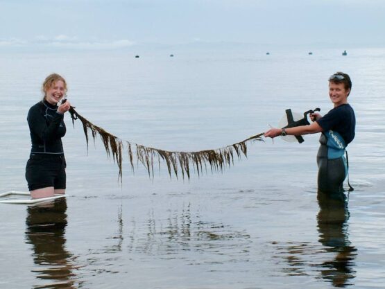 Two teens hold some discarded line in sea