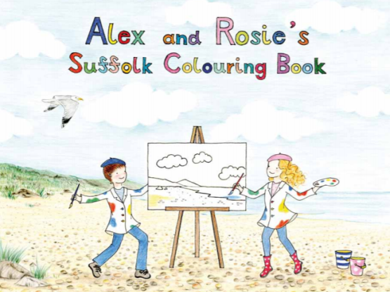 The front cover of colour book showing a cartoon showing a boy and girl on a beach