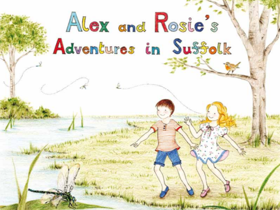 The front cover of Alex and Rosie's adventures in Suffolk showing a boy and a girl at a riverside